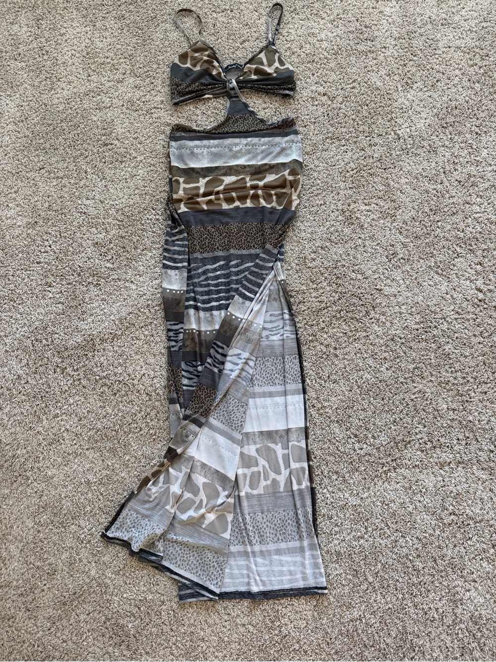 Striped & Animal Print Cutout Maxi Dress in Beige and Gray
